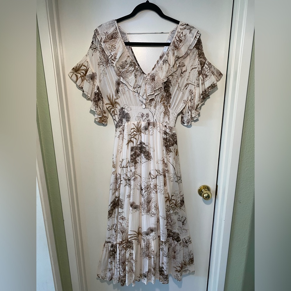 Sandro Marro Cream and Brown Elephant Print Ruffled Dress with Flutter Sleeves